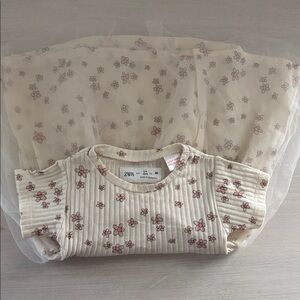 Zara Cream Floral Dress with Pink Accents